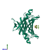 Homo dimeric assembly 1 of PDB entry 3glz coloured by chemically distinct molecules, side view.