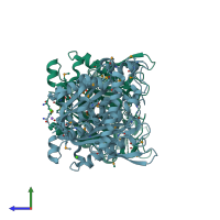 PDB entry 3goa coloured by chain, side view.