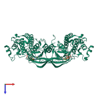 Homo dimeric assembly 2 of PDB entry 3gt8 coloured by chemically distinct molecules, top view.