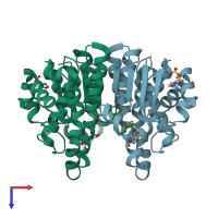 PDB entry 3gus coloured by chain, top view.