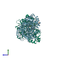 PDB entry 3guu coloured by chain, side view.