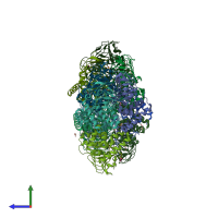 PDB entry 3gvd coloured by chain, side view.