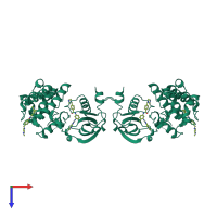 Homo dimeric assembly 2 of PDB entry 3gvu coloured by chemically distinct molecules, top view.