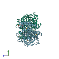 PDB entry 3gwq coloured by chain, side view.