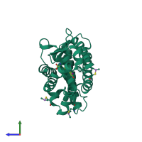 Monomeric assembly 1 of PDB entry 3gws coloured by chemically distinct molecules, side view.