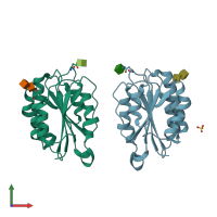 PDB entry 3gxb coloured by chain, front view.