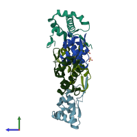 PDB entry 3gzf coloured by chain, side view.