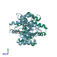 PDB entry 3h0k coloured by chain, side view.
