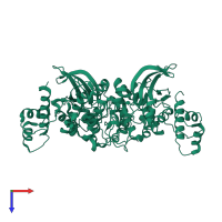 Homo dimeric assembly 3 of PDB entry 3h4j coloured by chemically distinct molecules, top view.