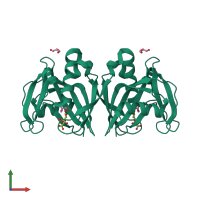 Homo dimeric assembly 1 of PDB entry 3h95 coloured by chemically distinct molecules, front view.