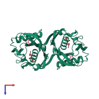 Homo dimeric assembly 1 of PDB entry 3h95 coloured by chemically distinct molecules, top view.