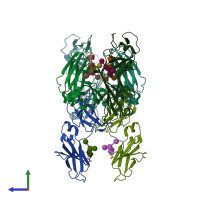 PDB entry 3ha0 coloured by chain, side view.