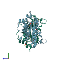 PDB entry 3ha2 coloured by chain, side view.