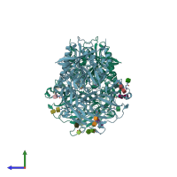 PDB entry 3hab coloured by chain, side view.