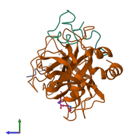 PDB entry 3hat coloured by chain, side view.