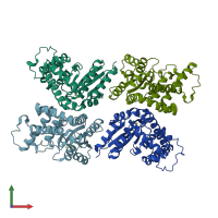 PDB entry 3hb0 coloured by chain, front view.