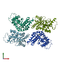 PDB entry 3hb1 coloured by chain, front view.