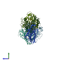 PDB entry 3hb8 coloured by chain, side view.