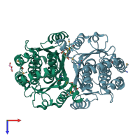 PDB entry 3hba coloured by chain, top view.