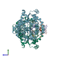 PDB entry 3hcn coloured by chain, side view.