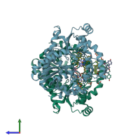 PDB entry 3hco coloured by chain, side view.