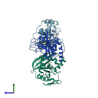 PDB entry 3hd0 coloured by chain, side view.