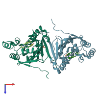 PDB entry 3hek coloured by chain, top view.