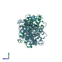 PDB entry 3hf1 coloured by chain, side view.