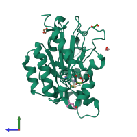 PDB entry 3hft coloured by chain, side view.