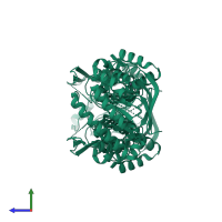 Homo dimeric assembly 1 of PDB entry 3hfy coloured by chemically distinct molecules, side view.