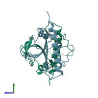 PDB entry 3hg9 coloured by chain, side view.