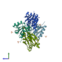 PDB entry 3hh1 coloured by chain, side view.