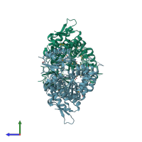 PDB entry 3hi0 coloured by chain, side view.