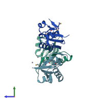 PDB entry 3hix coloured by chain, side view.