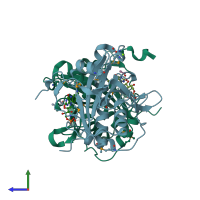 PDB entry 3hj9 coloured by chain, side view.