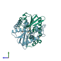 PDB entry 3hjg coloured by chain, side view.