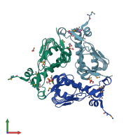 PDB entry 3hjj coloured by chain, front view.