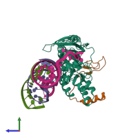 PDB entry 3hjy coloured by chain, side view.