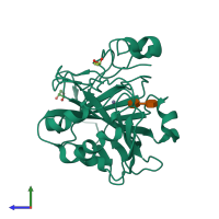 PDB entry 3hkn coloured by chain, side view.