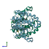 PDB entry 3hkr coloured by chain, side view.