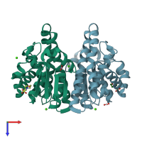 PDB entry 3hkr coloured by chain, top view.