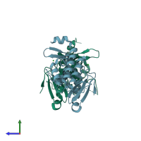 PDB entry 3hl6 coloured by chain, side view.