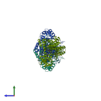 PDB entry 3hlm coloured by chain, side view.