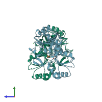 PDB entry 3hlt coloured by chain, side view.