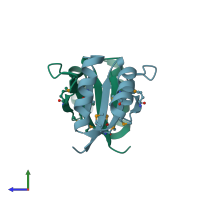 PDB entry 3hlu coloured by chain, side view.