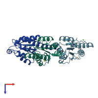 PDB entry 3hly coloured by chain, top view.
