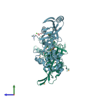 PDB entry 3hlz coloured by chain, side view.