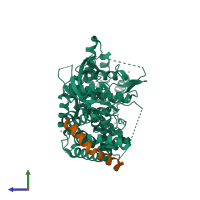 PDB entry 3hm6 coloured by chain, side view.