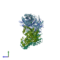 PDB entry 3hm8 coloured by chain, side view.