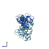 PDB entry 3hmb coloured by chain, side view.